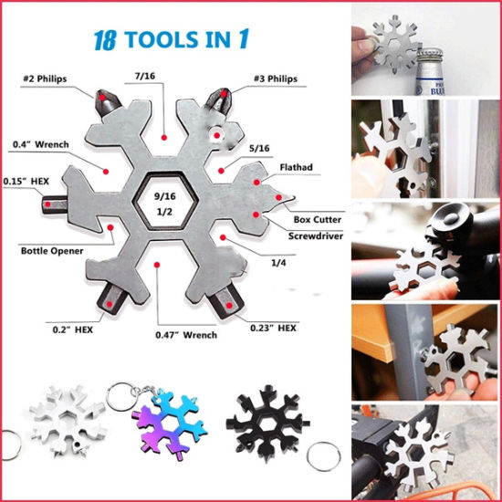 Acero inoxidable 18 en 1 herramienta de llave de bolsillo multifuncional de copo de nieve